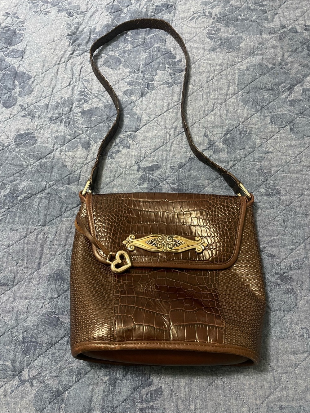 Brighton Brown Croc-Textured Shoulder Bag with Gold Accent